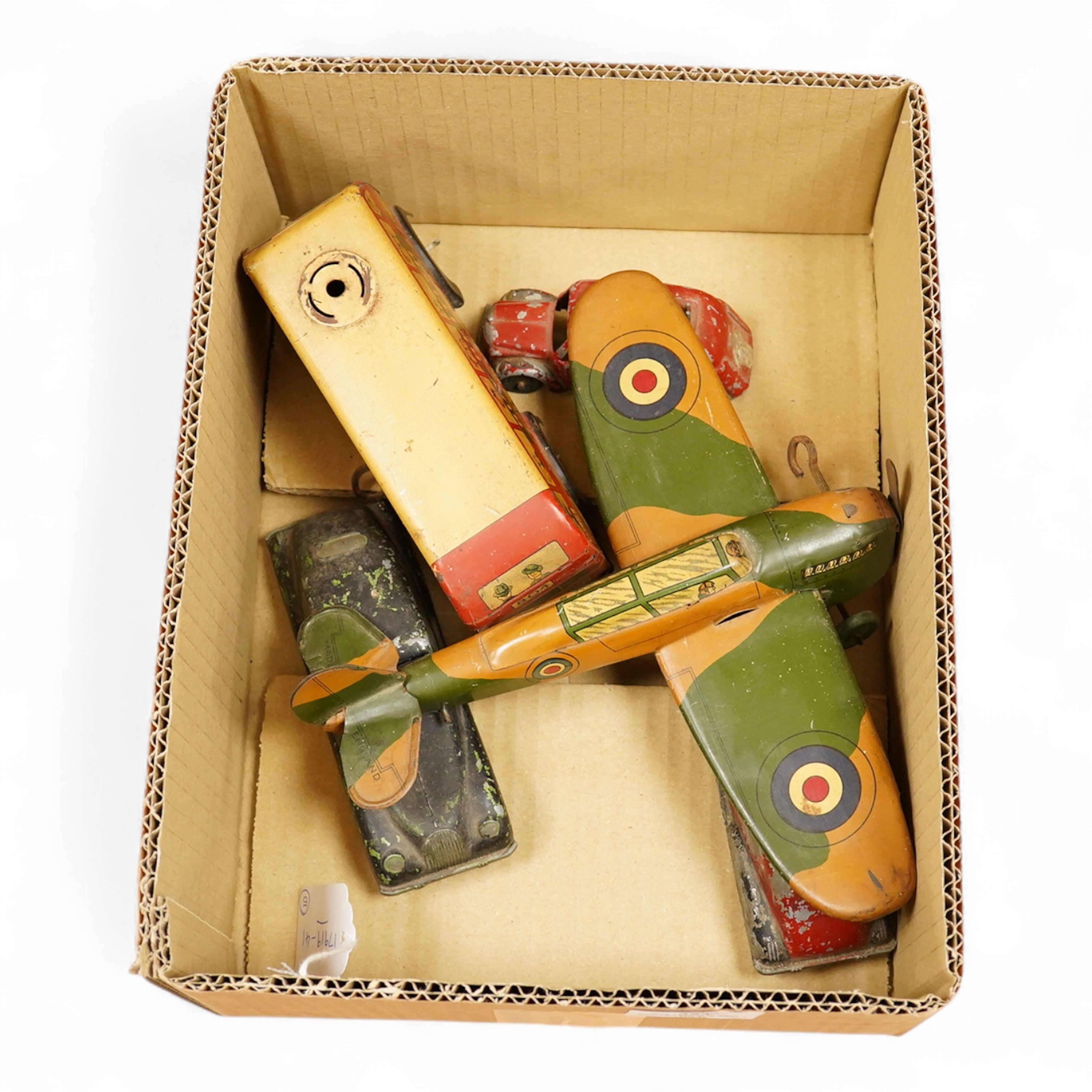 Five tinplate and diecast toys; a Wells Brimtoy tinplate London transport trolley bus, a tinplate RAF fighter aircraft possibly by Mettoy, two TTi (TT Industries) diecast Allard saloon cars, and an Arber Products diecast